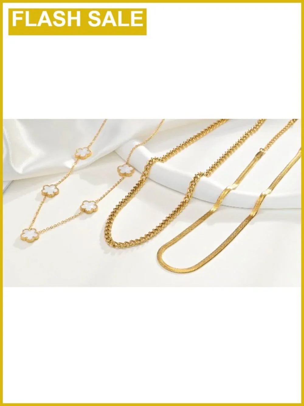 18K Gold Plated Layered Necklace Set 3Pc Herringbone Cuban Link Floral
